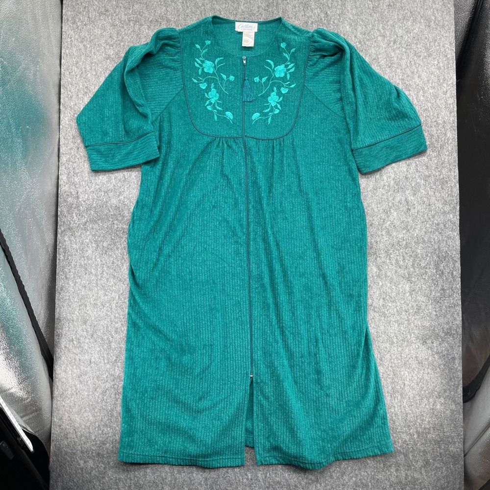 Collette by Miss Elaine Front Robe 2XL Green Ribbed Zip Floral Embroidered